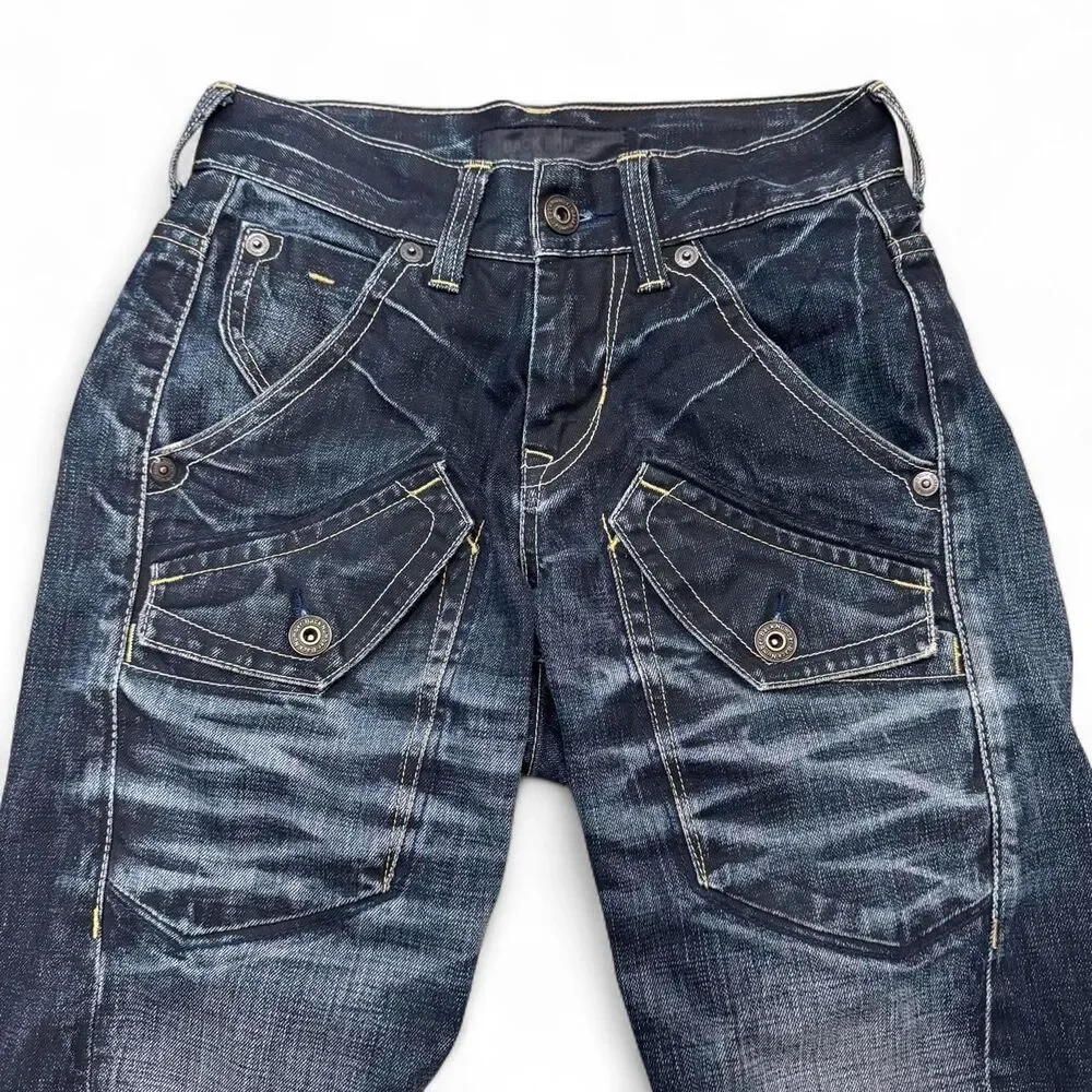 Y2K Back Number Japanese Denim Buckle Back Capri Jeans Gyaru Dark Wash Grunge - Picture 3 of 7